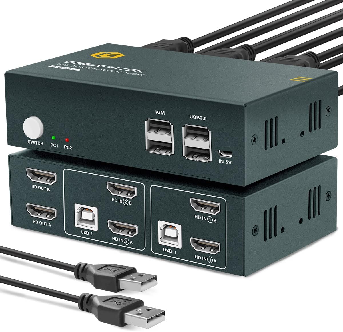 KVM Switch HDMI Dual Monitor 2 Port, 4K@60Hz, 2 USB 2.0 Hub, 4 HDMI Cables, 2 USB Cables S1798