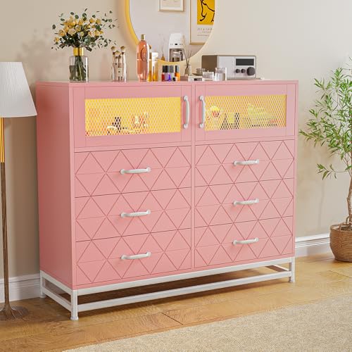 Pink 6 Drawer Wood Dresser with LED Lights and Charging Station E8091