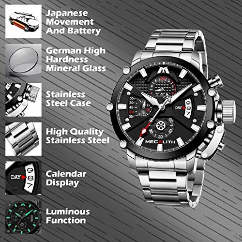 45mm Stainless Steel Chronograph Waterproof Analog Quartz Date Heavy Duty Men's Watch H438597