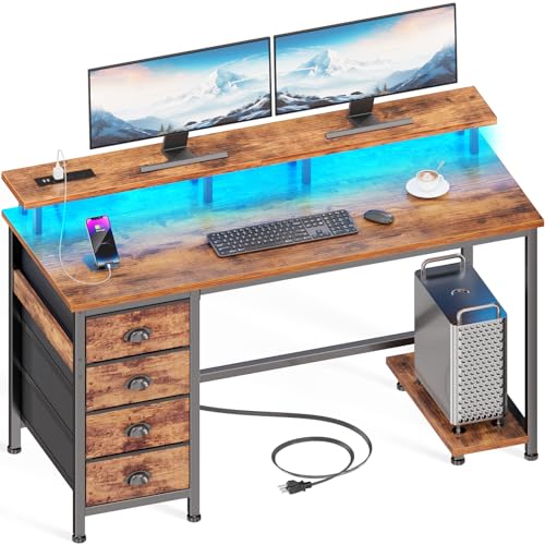 47" Computer Gaming Desk with Monitor Stand, 4 Fabric Drawers & Power Outlets, LED Lights, Rustic Brown A675110
