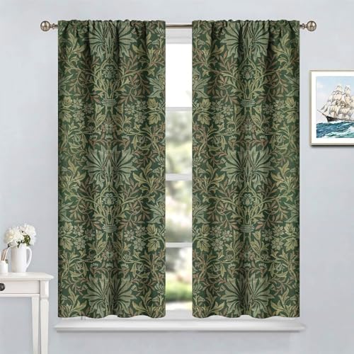 Vintage Green Printed Curtains 42x45 Inch 2 Panels E72900