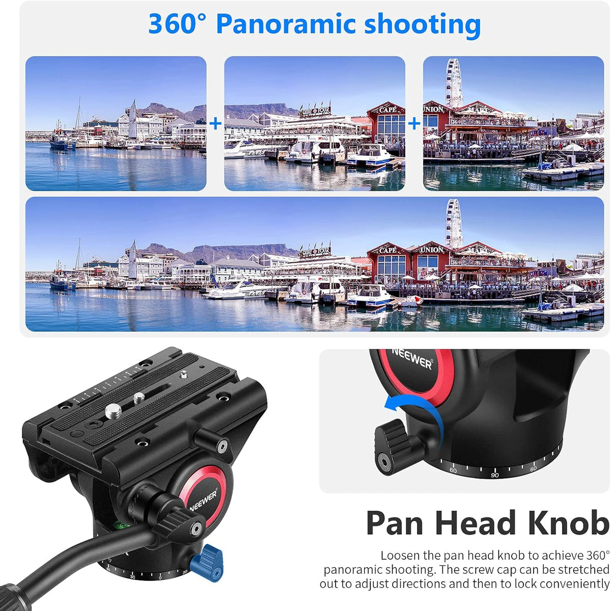 Metal Heavy Duty Video Camera Tripod Fluid Drag Pan Head with Sliding Plate and 2-Section Adjustable Handle, Load up to 11pounds/5kilograms, Pack of 2 D436978