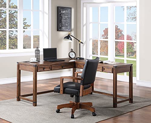 Rustic L-Shape Office Desk with Power Port Drawer, Champagne Oak Finish G383659