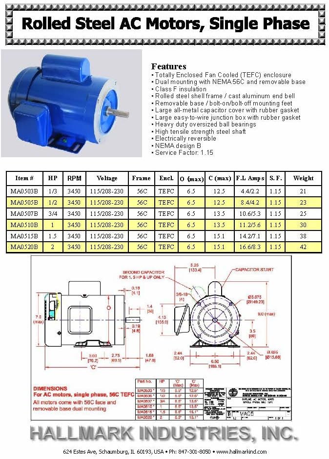 1/3 HP AC Motor, 3450RPM, 1 Phase, 115/230V Z322