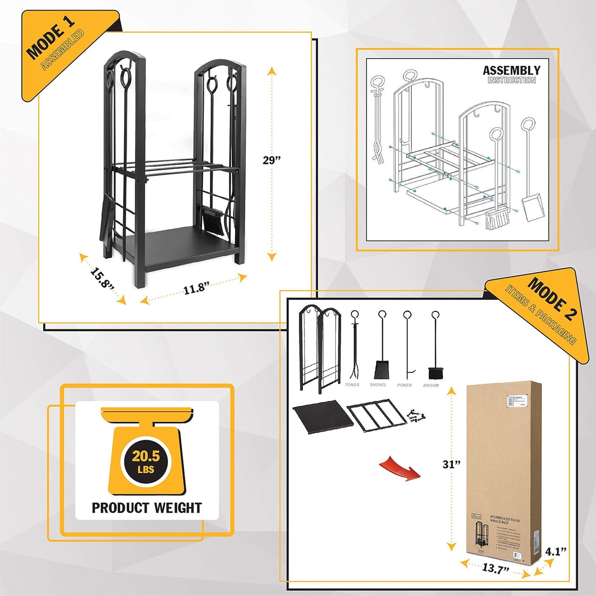 5-Piece Fireplace Tool Set with Log Rack, Black E898606
