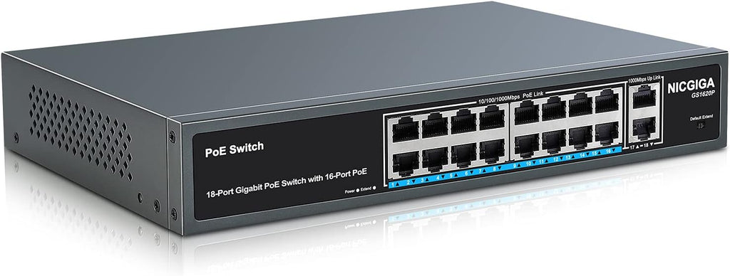 18 Port Gigabit PoE Switch with 16 Ports 1000Mbps PoE+@250W, 2 Gigabit Uplink Ports, Metal Case M880