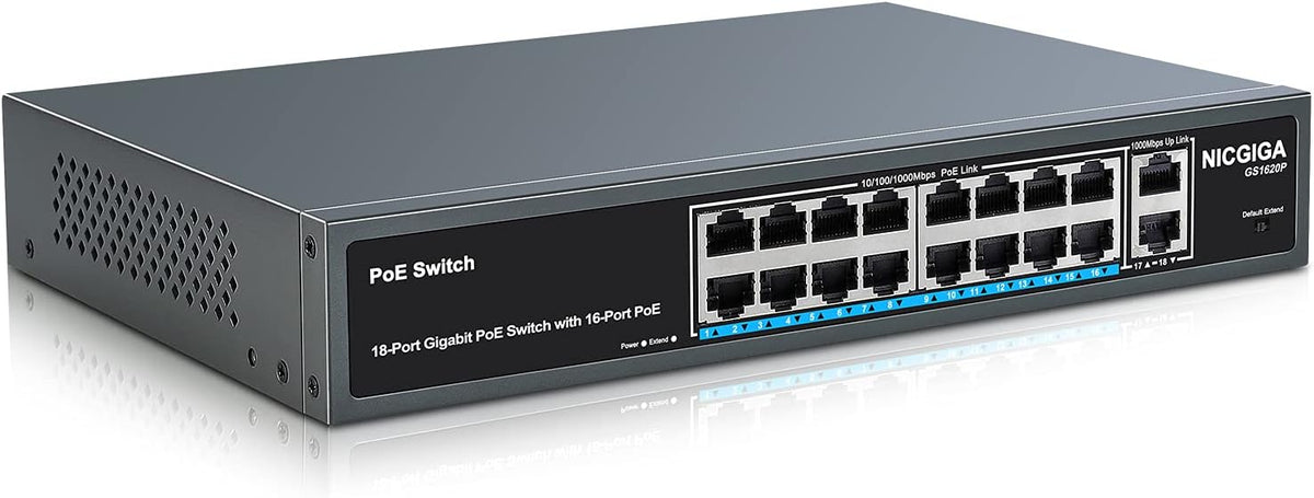 18 Port Gigabit PoE Switch with 16 Ports 1000Mbps PoE+@250W, 2 Gigabit Uplink Ports, Metal Case M880