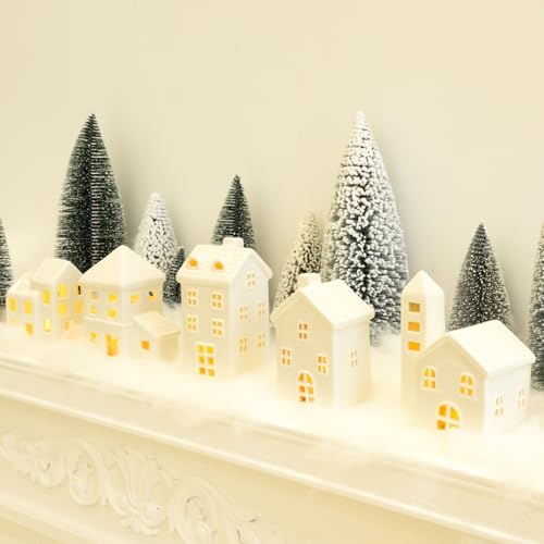 5 Pcs White Houses & 9 Pcs Trees & Fake Snow Ceramic Christmas Village Decorations L133