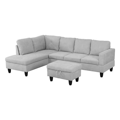 Beige L Shaped Sectional Sofa with Storage Ottoman J436