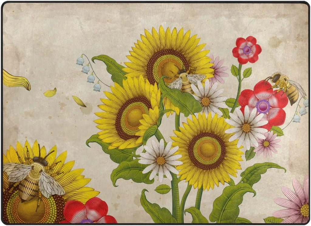 Honey Bees and Wildflowers Lightweight Carpet Mats, 6'8" x 4'10" Area Soft Rugs Floor Mat Rug W700314