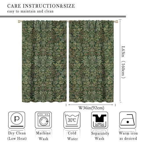 Vintage Green Printed Curtains 42x45 Inch 2 Panels E72900