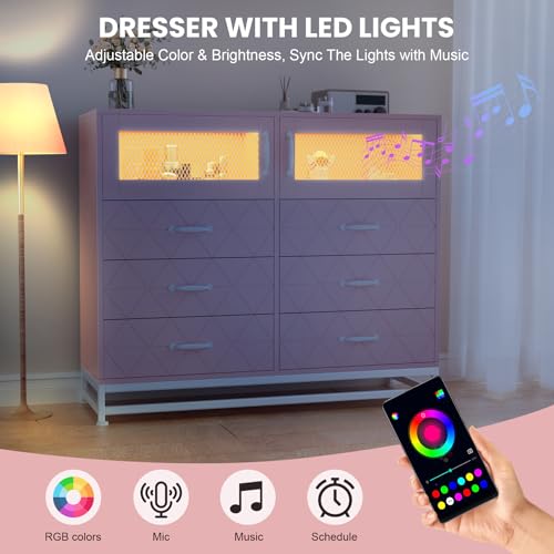 Pink 6 Drawer Wood Dresser with LED Lights and Charging Station E8091