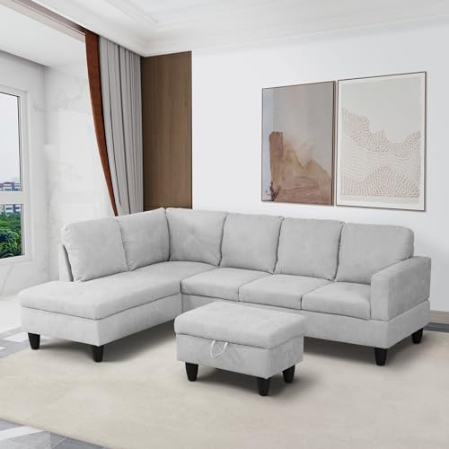 Beige L Shaped Sectional Sofa with Storage Ottoman J436