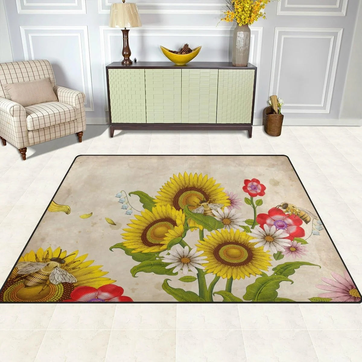 Honey Bees and Wildflowers Lightweight Carpet Mats, 6'8" x 4'10" Area Soft Rugs Floor Mat Rug W700314