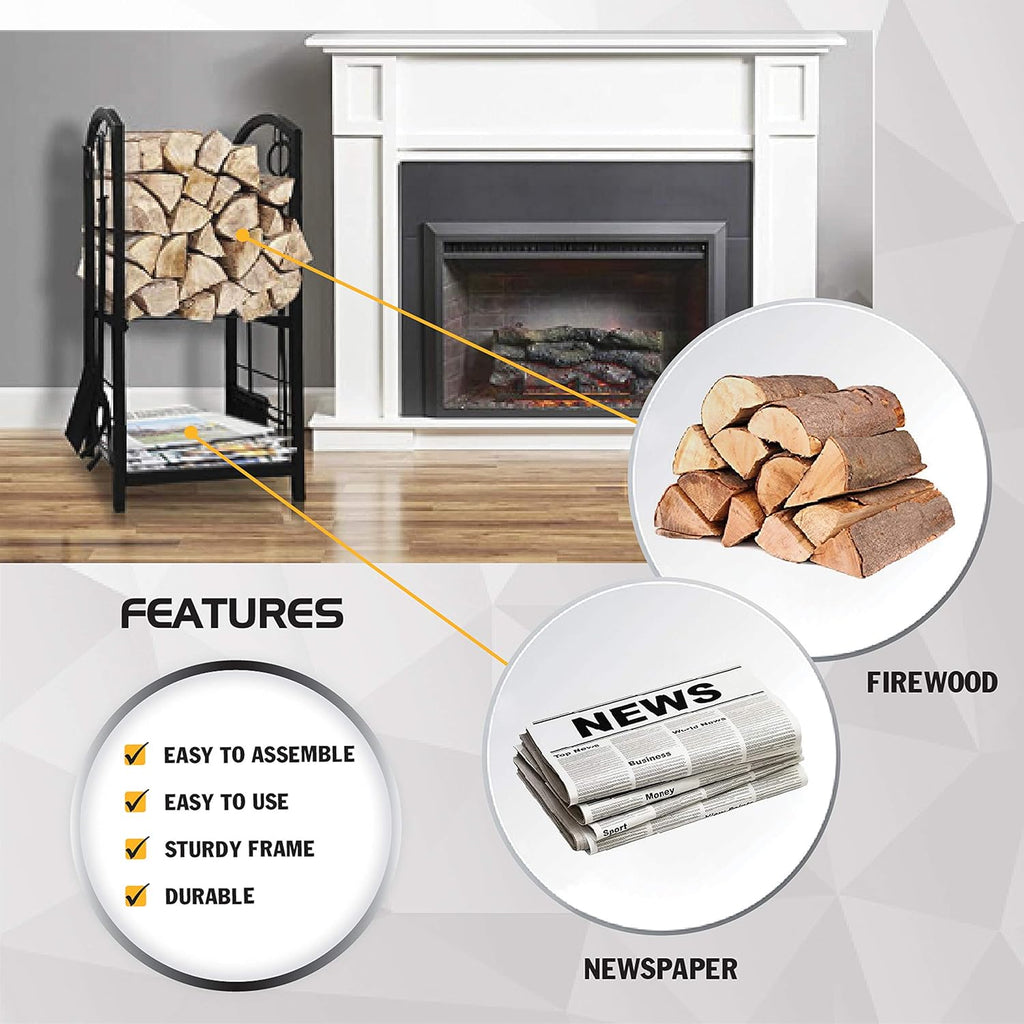 5-Piece Fireplace Tool Set with Log Rack, Black E898606