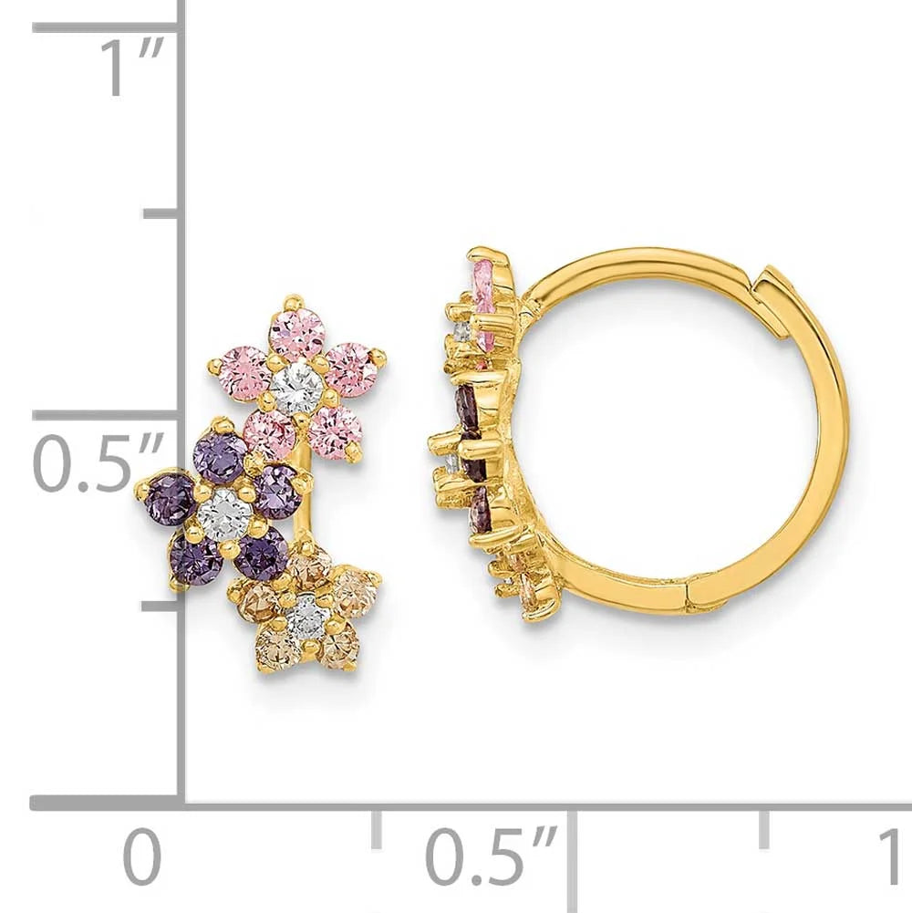 14K Yellow Gold Hinged Flower Multicolor CZ Hoop Earrings T790