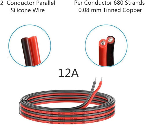 12 Gauge Silicone Electric Wire, 33ft 12AWG Flexible 2 Conductor Parallel Cable, 2pin Red Black I66288