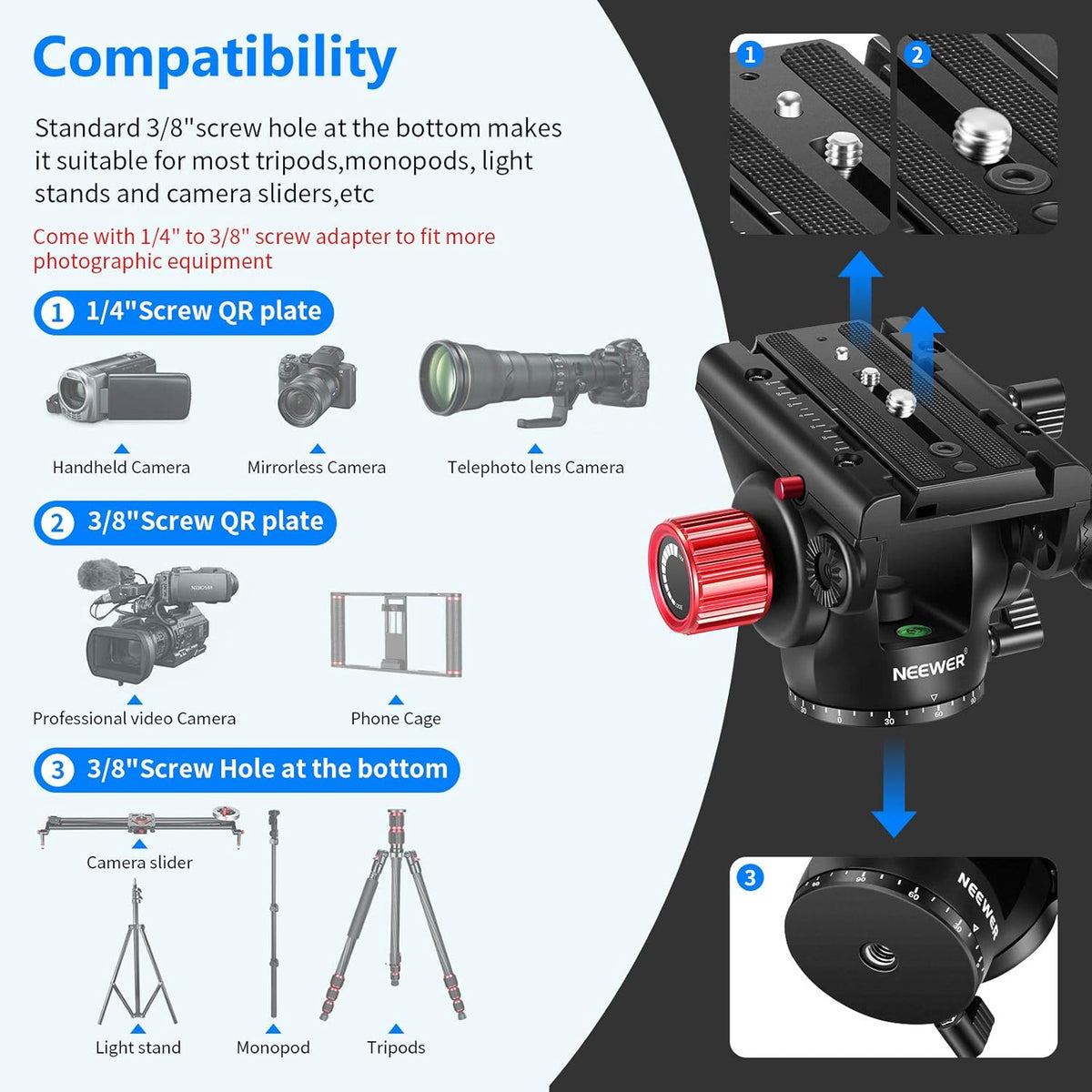 Metal Heavy Duty Video Camera Tripod Fluid Drag Pan Head with Sliding Plate and 2-Section Adjustable Handle, Load up to 11pounds/5kilograms, Pack of 2 D436978
