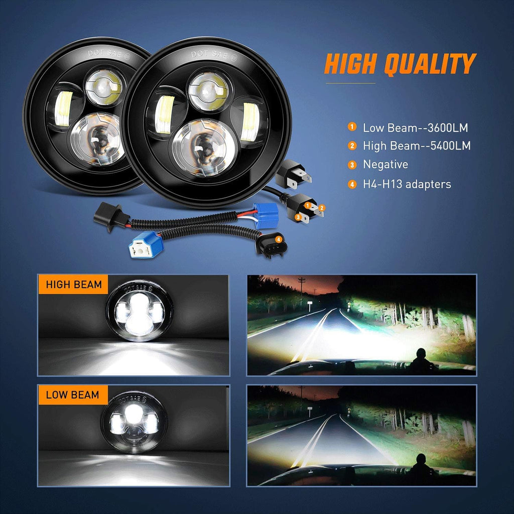 2PCS 7 Inch Round LED Headlight High Low Beam B2418