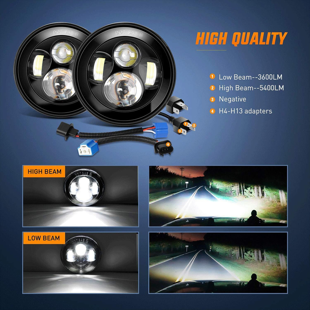 2PCS 7 Inch Round LED Headlight High Low Beam B2418