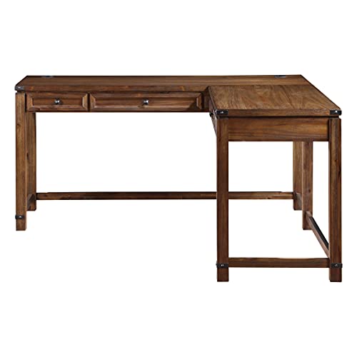 Rustic L-Shape Office Desk with Power Port Drawer, Champagne Oak Finish G383659