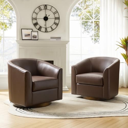 Brown Genuine Leather Swivel Barrel Chair Set of 2 Y55098