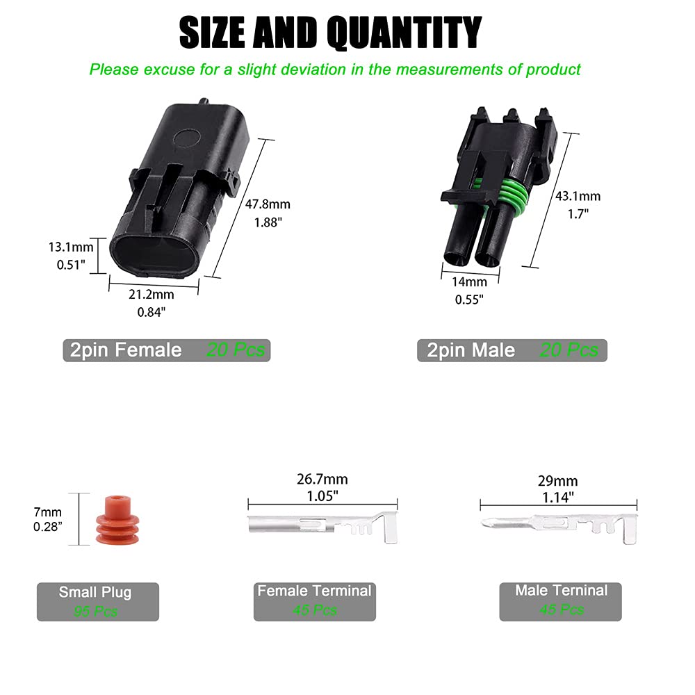 20 Sets 2 Pin Weather Pack Connector Waterproof Car Electrical Wire Connector Terminals Plug Kit with 45 Sets Male and Female Terminal KIT 18-14AWG H67899