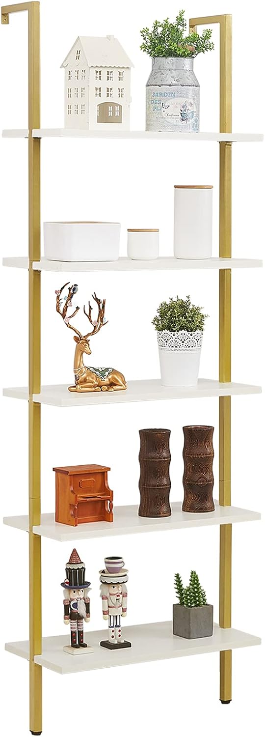 5-Tier White Gold Metal Wall-Mounted Bookshelf J323580