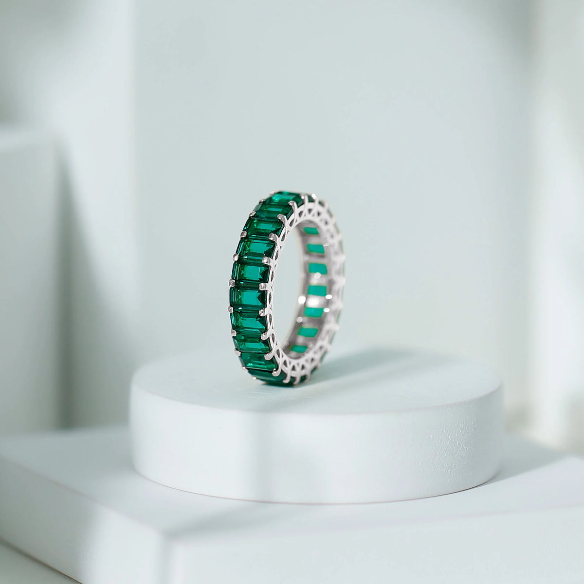 14K White Gold Lab Created Emerald Ring F9379