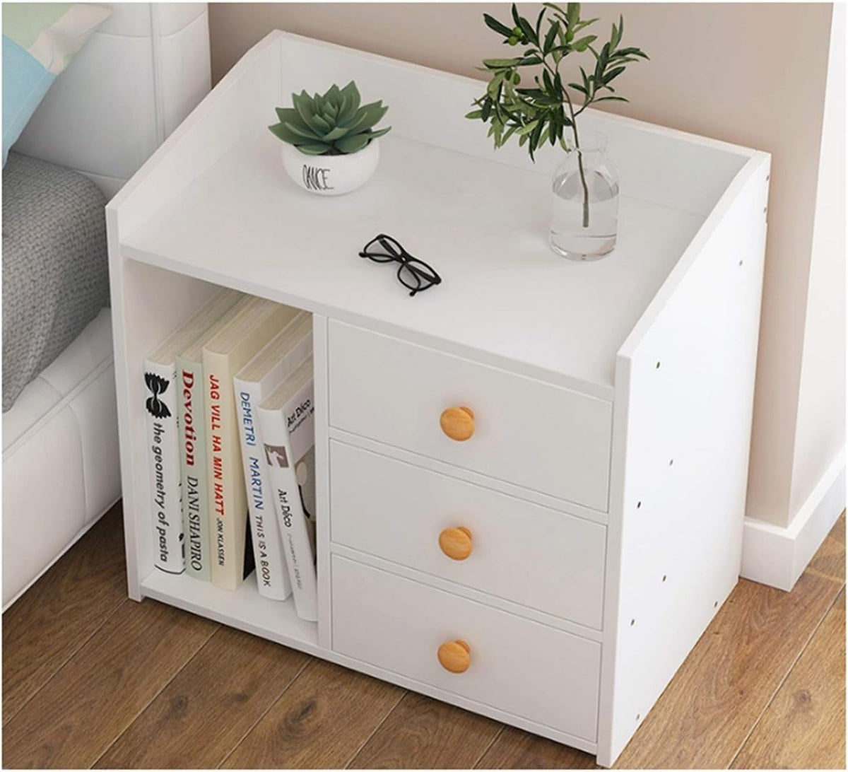 White 3 Drawer Wooden Nightstand with Storage Shelves K2373