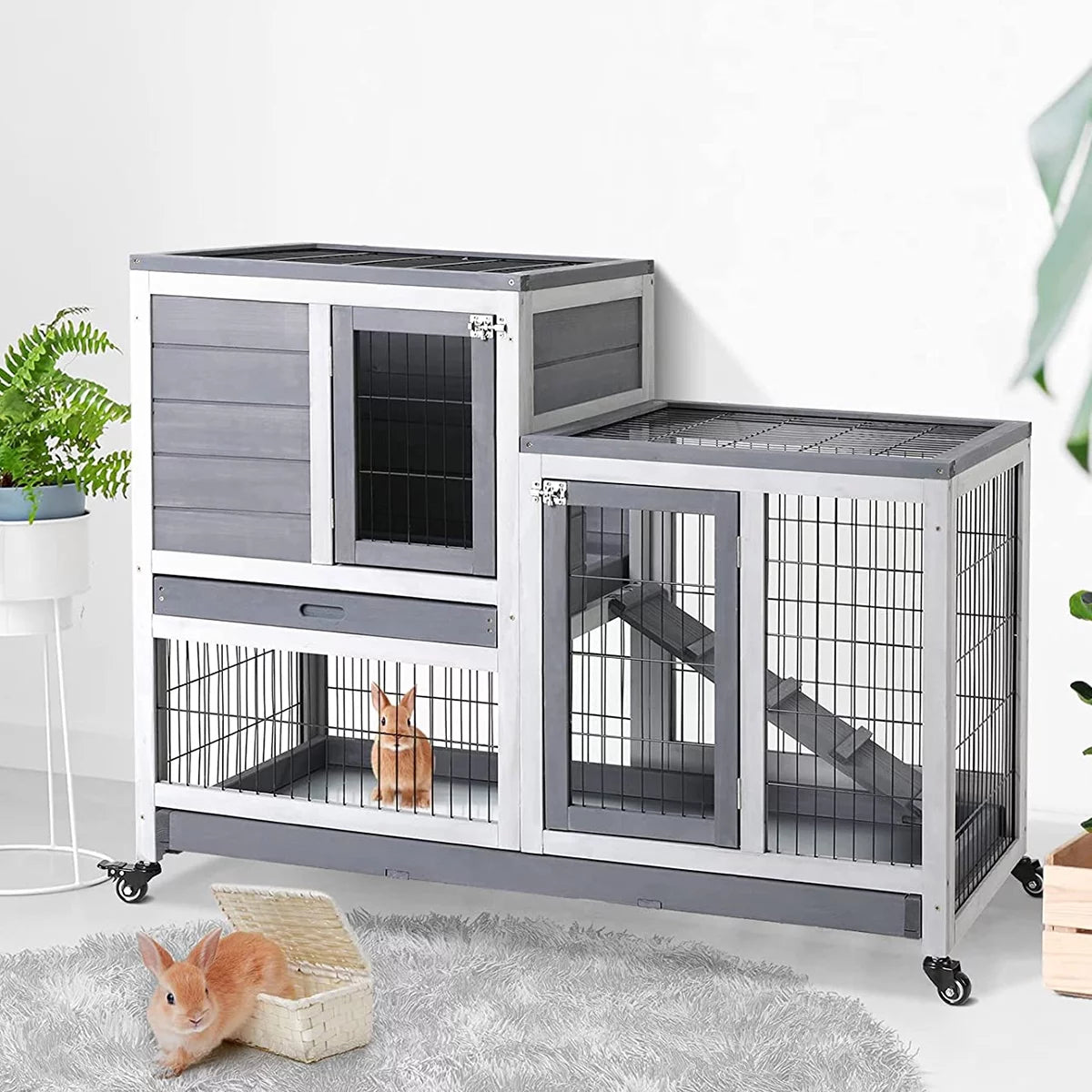43 Inch Wood Rabbit Hutch with Wheel and 2 No Leak Tray I7263