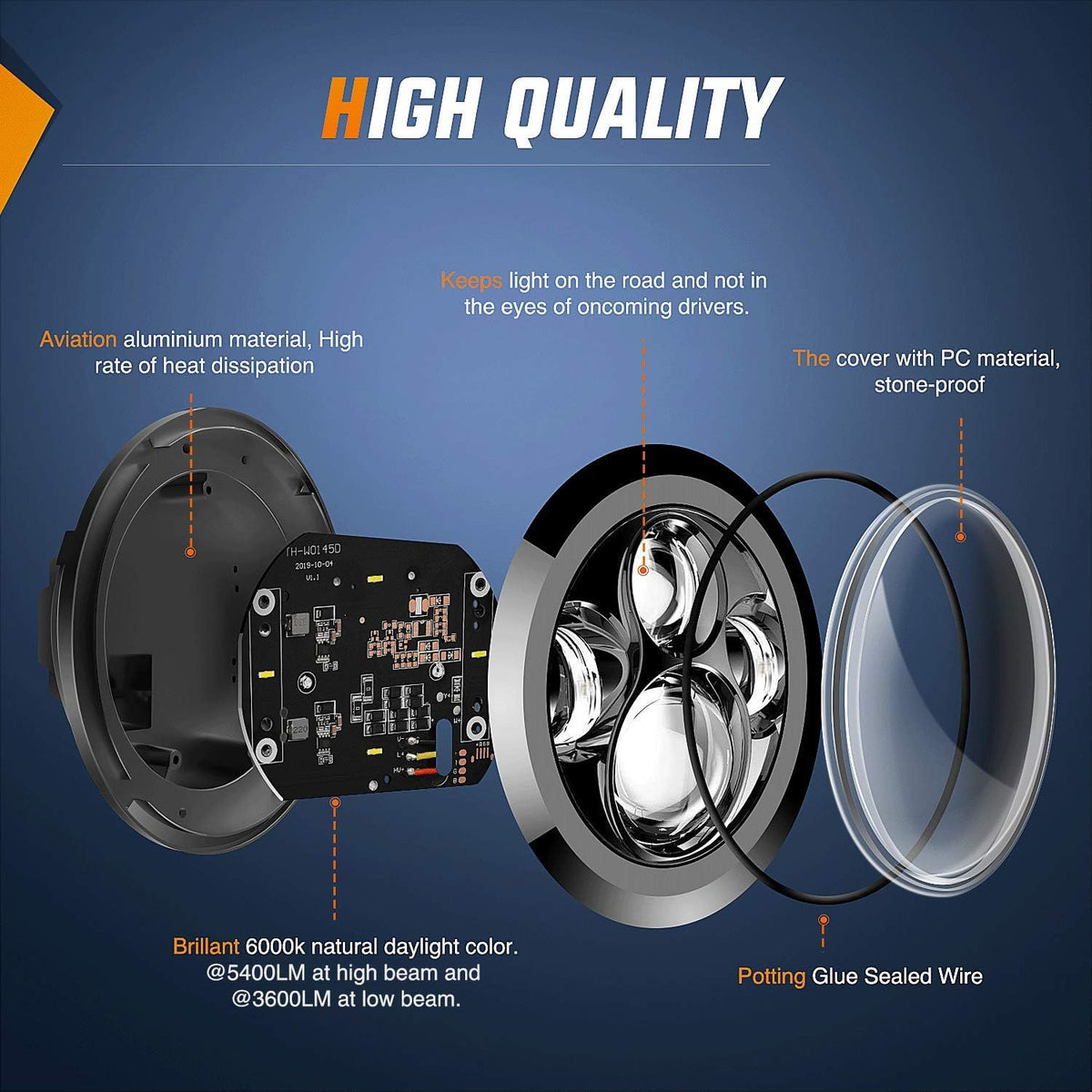 2PCS 7 Inch Round LED Headlight High Low Beam B2418