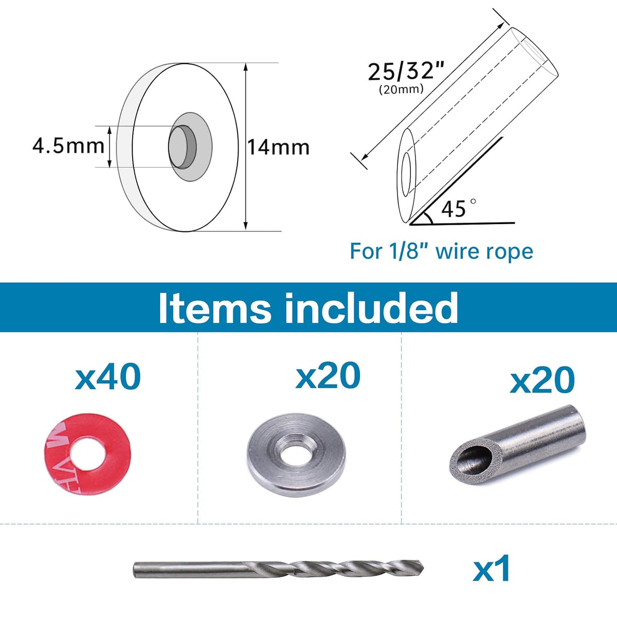 20Pack Cable Railing Kit Angled Protective Grommet for 90 Degree Corner 45 Degree L Shape Protector Sleeve for 1/8 Wire Rope Wood Posts T316 Stainless Steel Pack of 2 F200