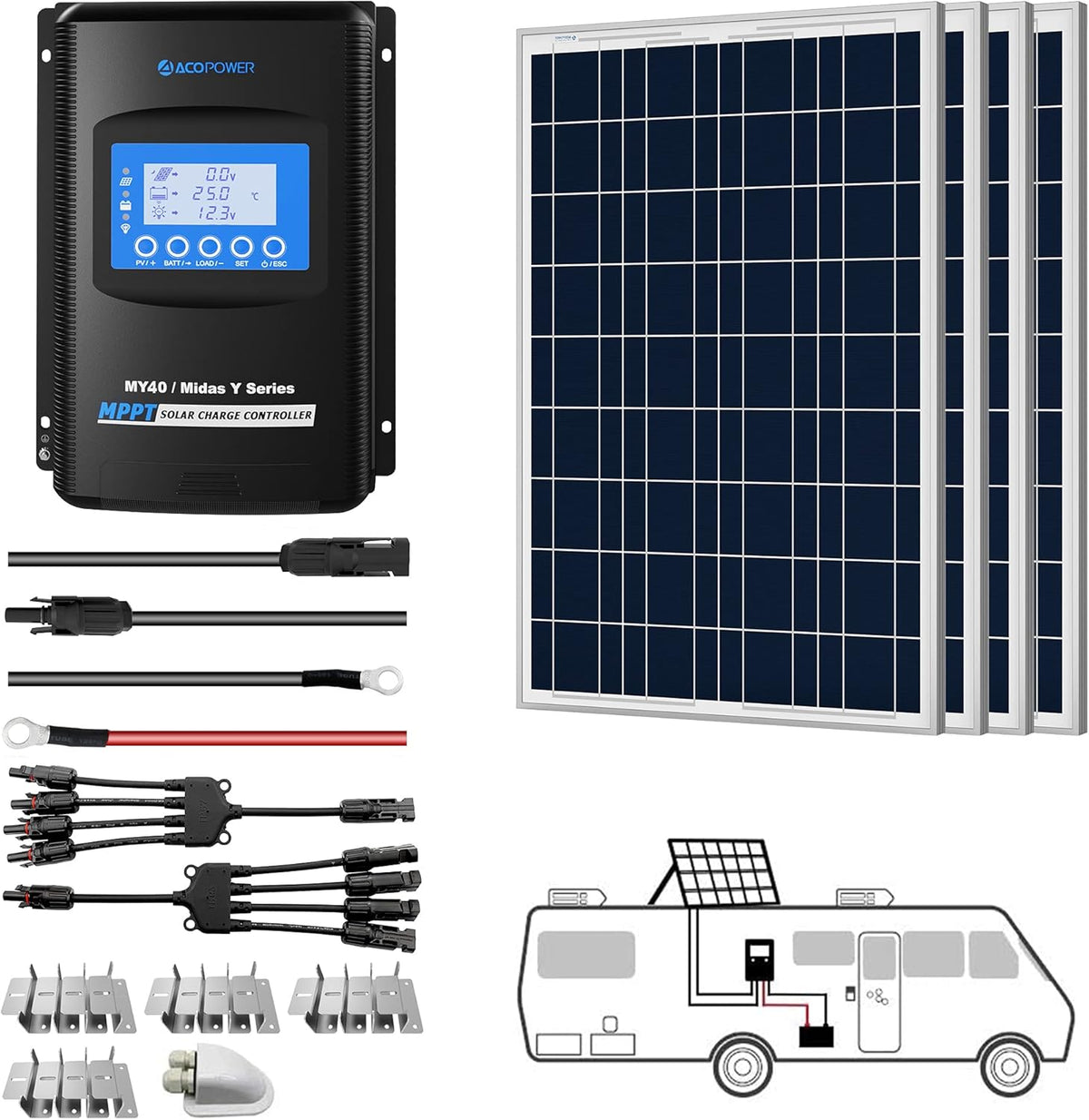 400W Polycrystalline Off-Grid Solar Panel Kit with 4PCs 100W Rigid Panels, 40A MPPT Controller, Z-Brackets, Y Connectors, Solar Cables, Cable Entry Housing Y392525