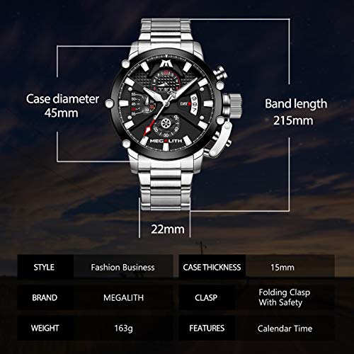45mm Stainless Steel Chronograph Waterproof Analog Quartz Date Heavy Duty Men's Watch H438597