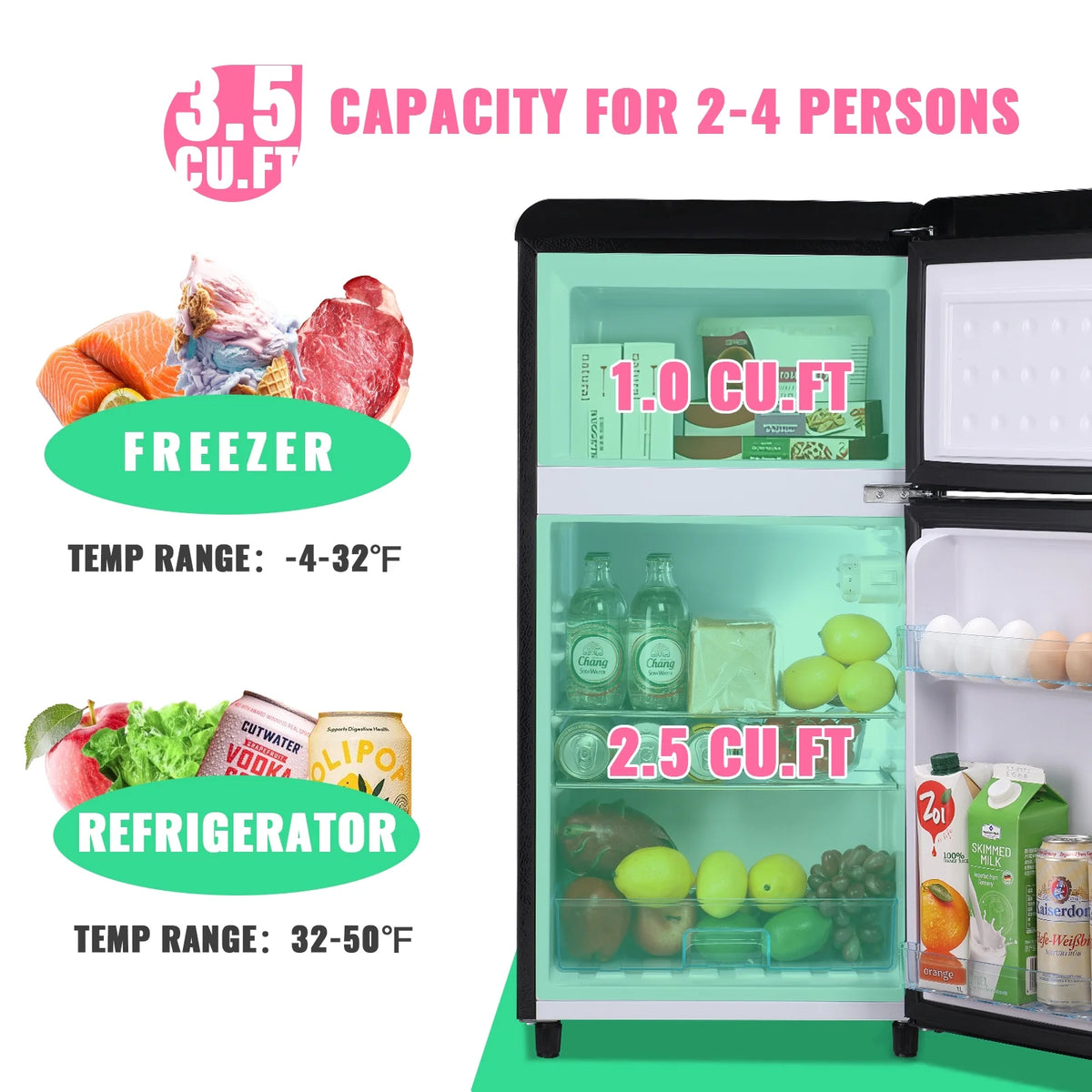3.5 Cu. ft Mini Fridge Double Door Refrigerator Black T856