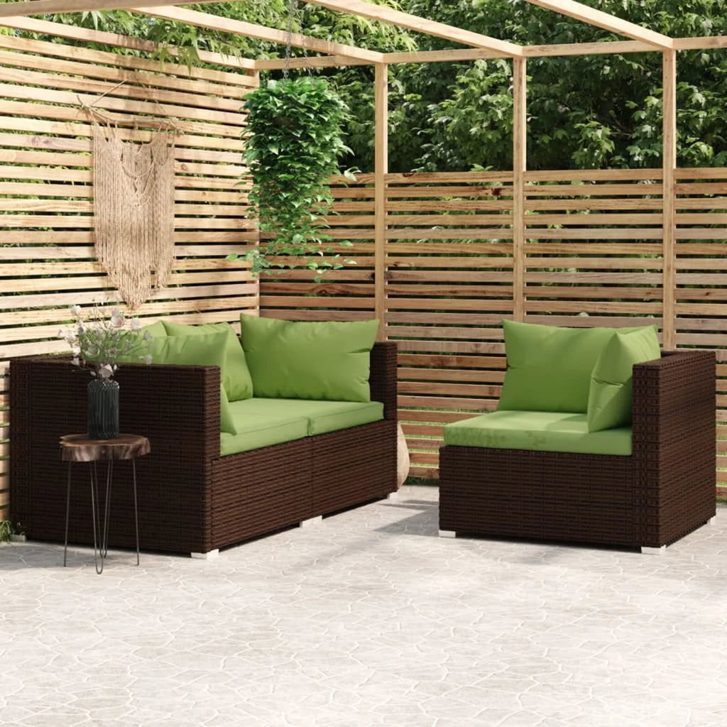 3 Piece Patio Lounge Set with Green Cushions Brown Poly Rattan Outdoor Sectional Sofa Set Steel Frame T8179