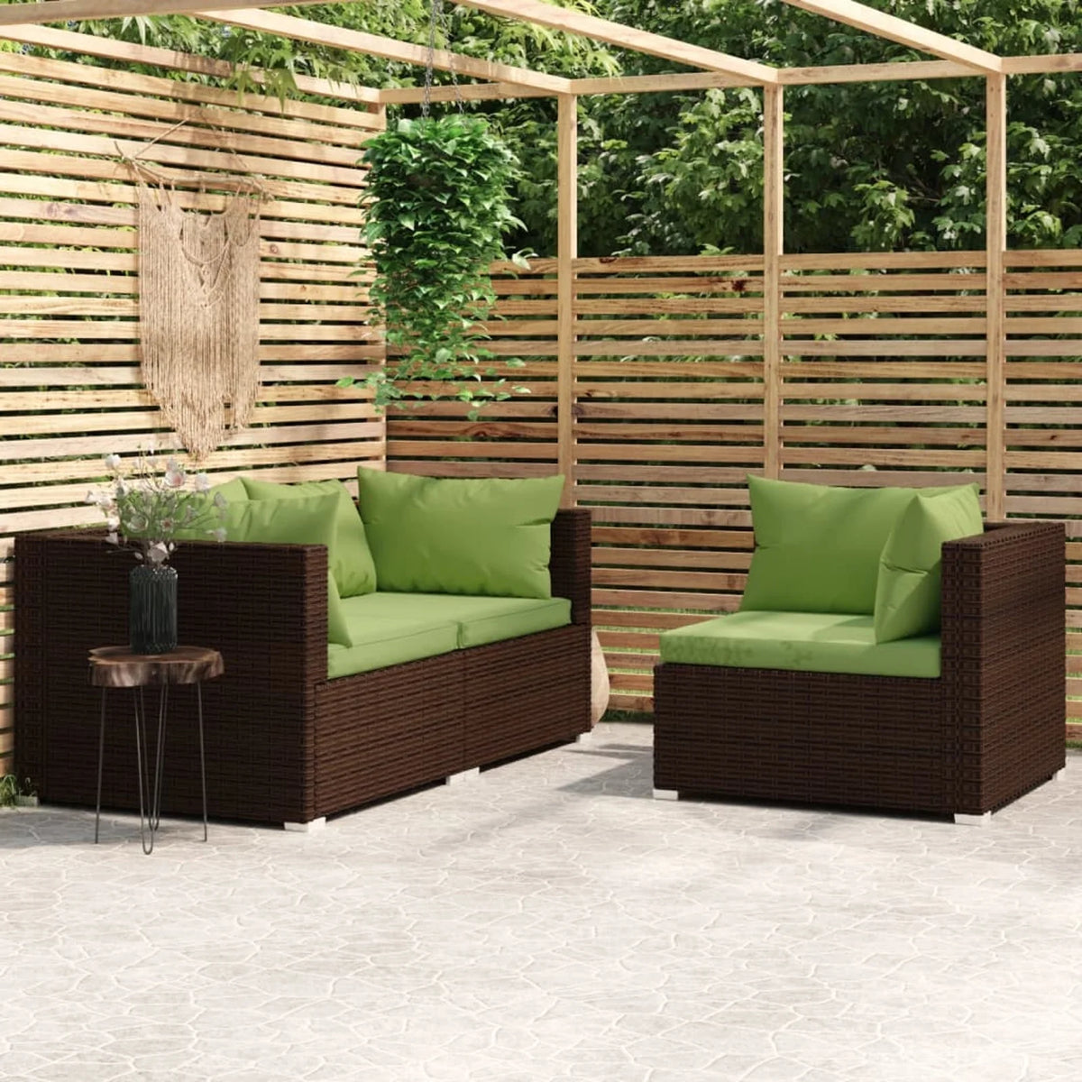 3 Piece Patio Lounge Set with Green Cushions Brown Poly Rattan Outdoor Sectional Sofa Set Steel Frame T8179