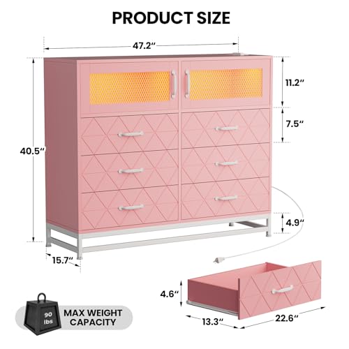 Pink 6 Drawer Wood Dresser with LED Lights and Charging Station E8091