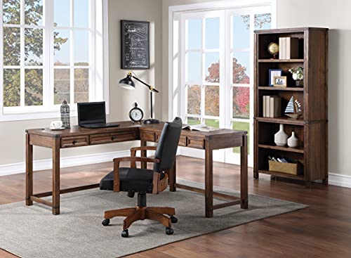 Rustic L-Shape Office Desk with Power Port Drawer, Champagne Oak Finish G383659