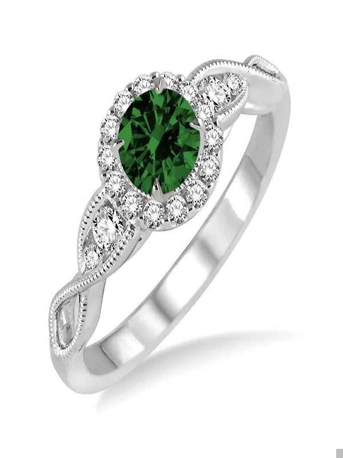 1.25 Carat Emerald and Diamond Antique Milgrain Engagement Ring in 14k White Gold C7465