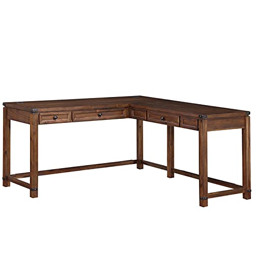 Rustic L-Shape Office Desk with Power Port Drawer, Champagne Oak Finish G383659