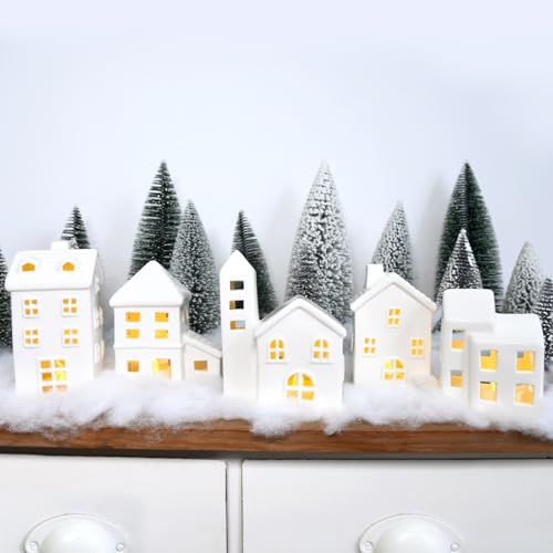 5 Pcs White Houses & 9 Pcs Trees & Fake Snow Ceramic Christmas Village Decorations L133