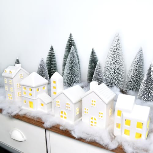 5 Pcs White Houses & 9 Pcs Trees & Fake Snow Ceramic Christmas Village Decorations L133