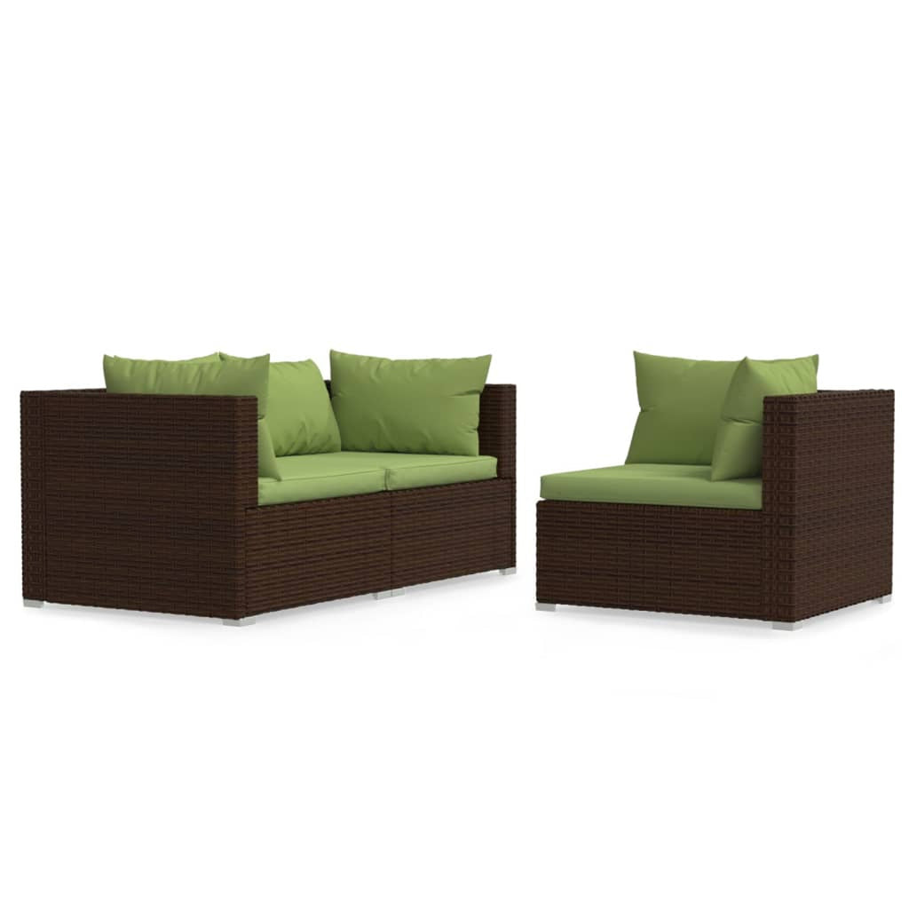 3 Piece Patio Lounge Set with Green Cushions Brown Poly Rattan Outdoor Sectional Sofa Set Steel Frame T8179