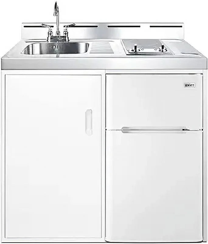 39 inch wide all-in-one kitchenette with 2-burner cooktop, refrigerator-freezer, sink, and storage cabinet K58277