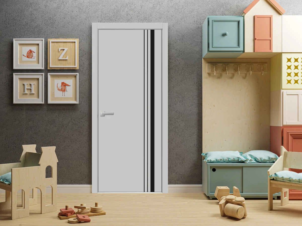 Solid French Door 36 x 84 inches Grey Matte with Frosted Glass Single Regular Panel Frame Trims Handle J368662