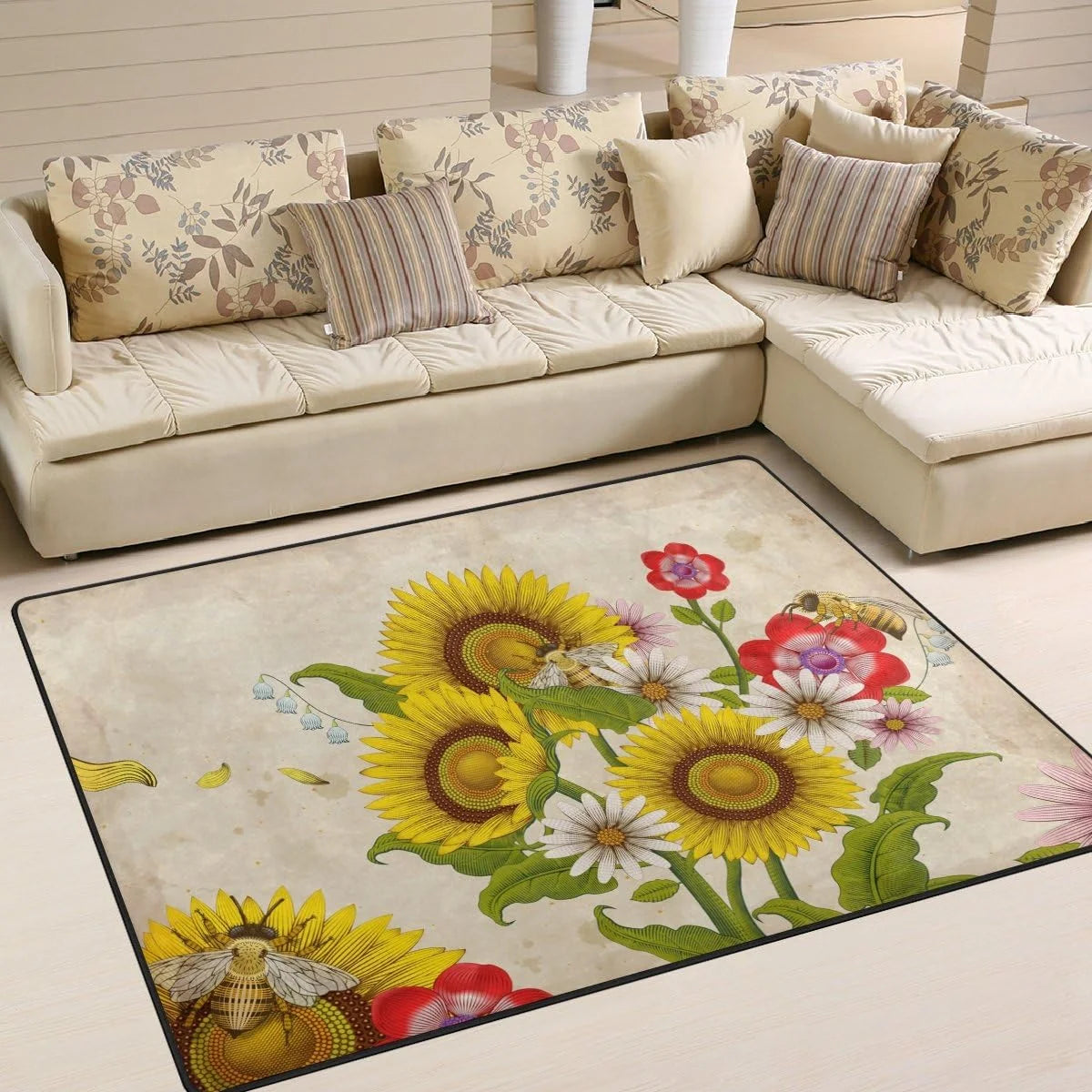 Honey Bees and Wildflowers Lightweight Carpet Mats, 6'8" x 4'10" Area Soft Rugs Floor Mat Rug W700314