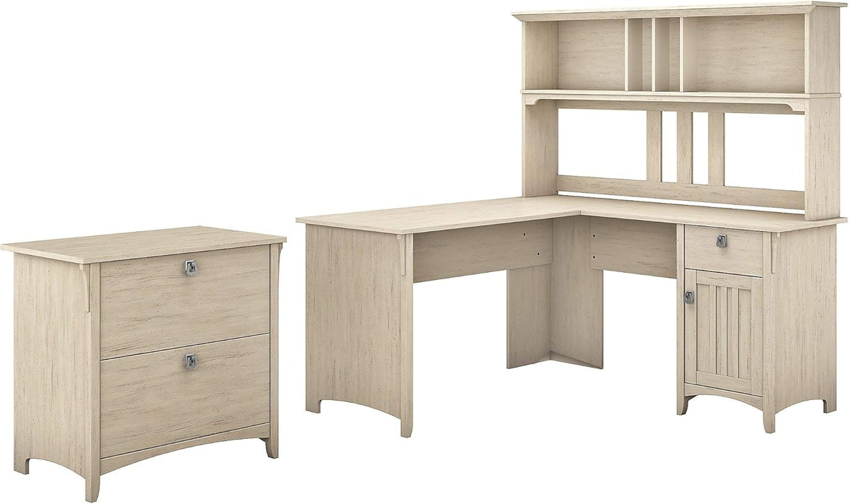 Antique White L Shaped Desk with Hutch and Lateral File Cabinet T5182