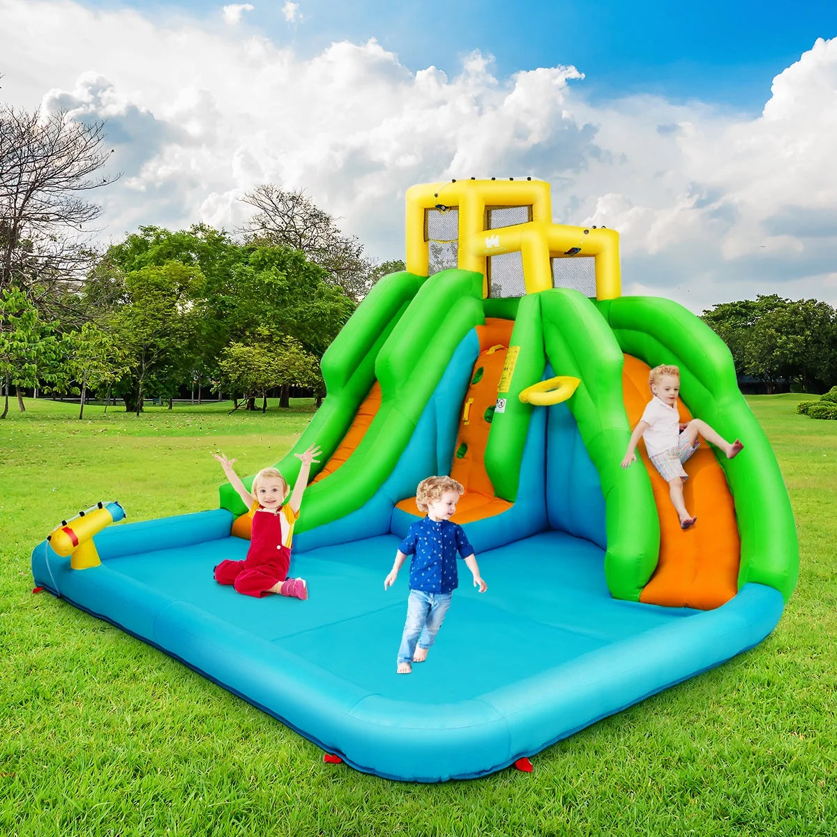 Inflatable Water Park Bounce House Two-Slide Bouncer with Climbing Wall and 480W Blower D848
